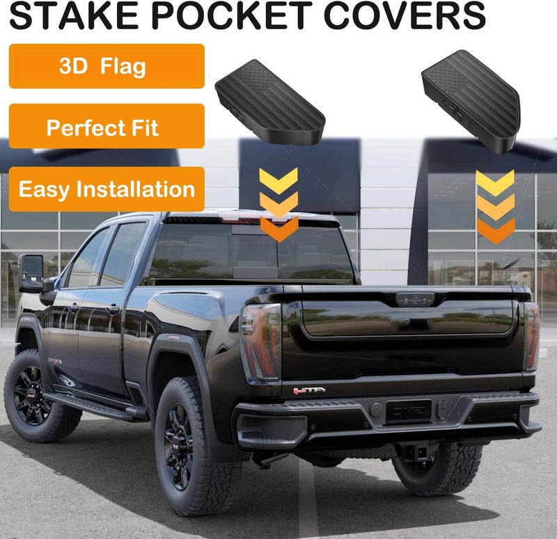 EVPLNT Bed Rail Stake Pocket Covers for GMC Chevy Silverado/GMC Sierra 1500(2019-2024 2025 2026), GMC Sierra 3500HD(2020 2021 2022 2023)/2500, Truck Caps Rear Holes Plugs Covers (Flag(Black)) - Image 2